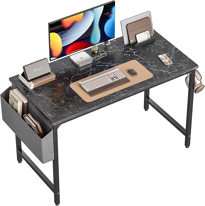 CubiCubi Computer Desk 47 Inch Study Writing Table for Home Office, Modern Simple Style PC Table with Storage Bag, Black Marble