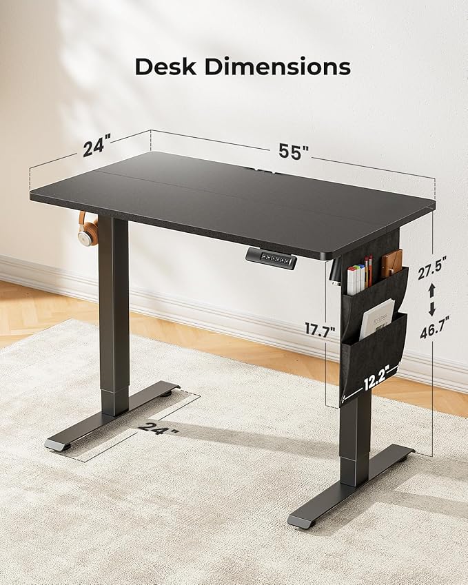 Marsail Standing Desk Adjustable Height, 55x24 Inch Electric Standing Desk with Storage Bag, Stand up Desk for Home Office Computer Desk Memory Preset with Headphone Hook