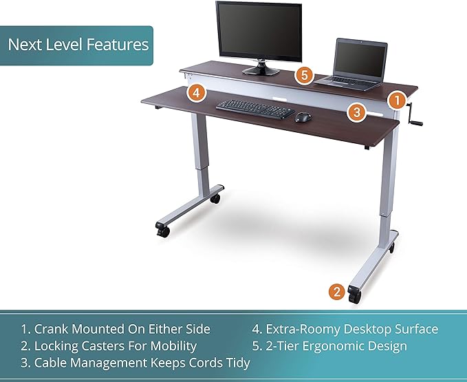 S STAND UP DESK STORE Crank Adjustable Tier Standing Desk with Heavy Duty Steel Frame (Silver Frame/Dark Walnut Top, 48in Wide)