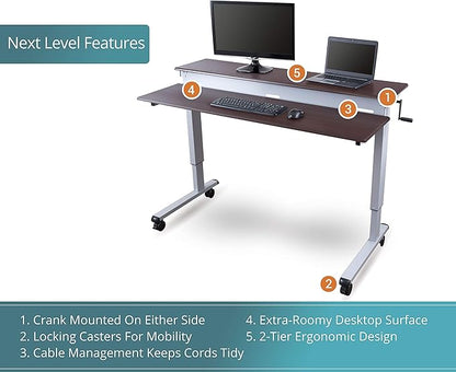 S STAND UP DESK STORE Crank Adjustable 2-Tier Standing Desk with Heavy Duty Steel Frame-Silver Frame/Dark Walnut Top, 60 inch Wide