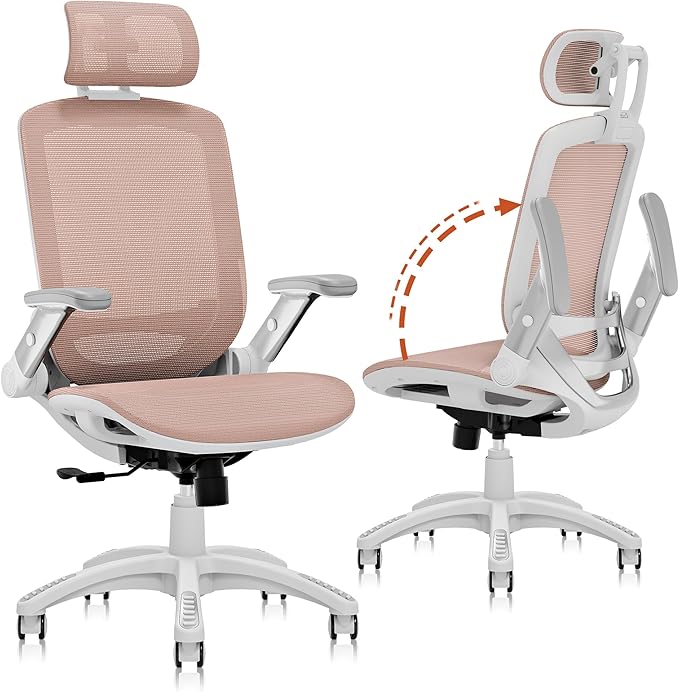 GABRYLLY Ergonomic Office Chair, High Back Home Desk Chair with Headrest, Flip-Up Arms, 90-120° Tilt Lock and Wide Cushion, 400LBS Mesh Chairs for Man Woman, White Task Chair(Pink,GY01WPK)