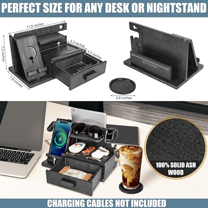 Black Wood Phone Docking Station with Drawer, Compatible with Apple Watch and MagSafe - Wood Charging Station Organizer Stand, Bedside Nightstand Organizer for Men, Holds, Tablet, Glasses, Keys, EDC