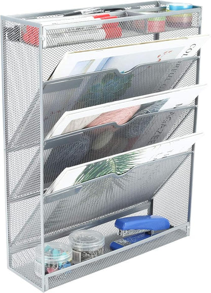 EasyPAG Mesh Wall File Holder 3 Tier Vertical Mount Hanging Organizer with Bottom Flat Tray and 3 Compartments Accessories Organizer,Silver