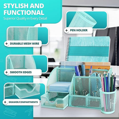 Flexzion Desk Top Caddy Organizer - Green Office Desk Accessories Organizer and Storage - Metal Mesh Desk with 6 Compartments, Drawer and Pen Holder