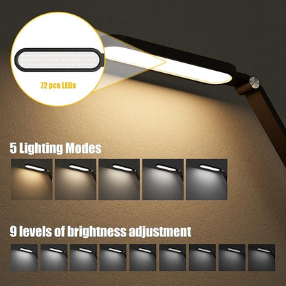 JKSWT LED Desk Lamp, Eye-Caring Table Lamps Natural Light Protects Eyes Dimmable Office Lamp with 5 Color Modes USB Charging Port Touch Control and Memory Function, 10W Reading Lamp,Black