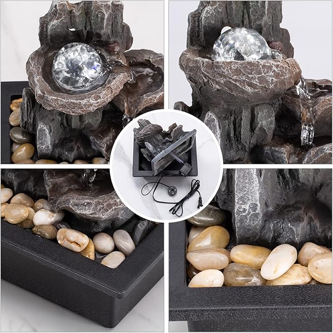 Tabletop Fountain Rotating Ball Rock Waterfall Fountain Office Tabletop Fountains for Home Office Decor Includes Many Natural River Rocks Decorated with Colorful Lights and Rolling Ball