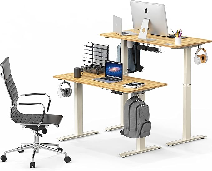 SHW Electric Height Adjustable Standing Desk with Hanging Hooks and Cable Management, 48 x 24 Inches, Oak