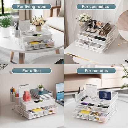 Marbrasse 3 Tier Mesh Desk Organizer with Drawer, Multi-Functional Desk Organizers and Accessories, Paper Letter Organizer with 2 Pen Holder for Home Office Supplies (White)