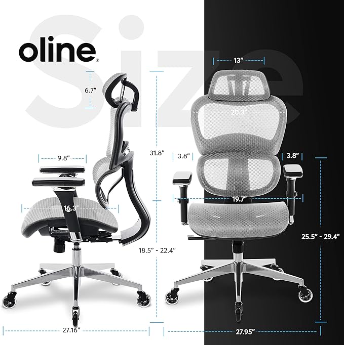 Oline ErgoPro Ergonomic Office Chair - Rolling Desk Chair with 4D Adjustable Armrest, 3D Lumbar Support and Blade Wheels - Mesh Computer Chair, Gaming Chairs, Executive Swivel Chair (Light Gray)