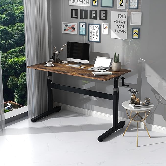 Manual Standing Desk Adjustable Height- Crank Mobile Standing Desk 48 x 24 Inches Sit Stand Desk Frame & Top, Stand Up Desk on Wheels, Computer Desk Black Frame & Rustic Brown