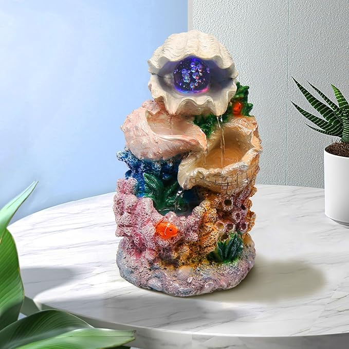 Tabletop Waterfall Fountain Indoor Themed Coral Seashell Tabletop Water Fountain Meditation Desk Fountain Exquisite Indoor Water Fountains,Housewarming Waterfall Gifts Home/Office Decor(SHBK)