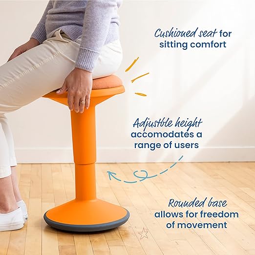 ECR4Kids Sitwell Wobble Stool with Cushion, Adjustable Height, Active Seating, Orange