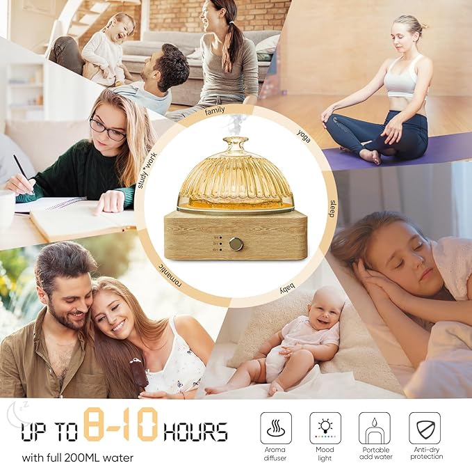 Glass Dome Essential Oil Diffuser with Glass Reservoir & Wood Base-No Plastic, 200ml Ultrasonic Glass Diffuser for Aromatherapy with Timer 7 Color Light Auto-Off for Home Office Yoga Pilates