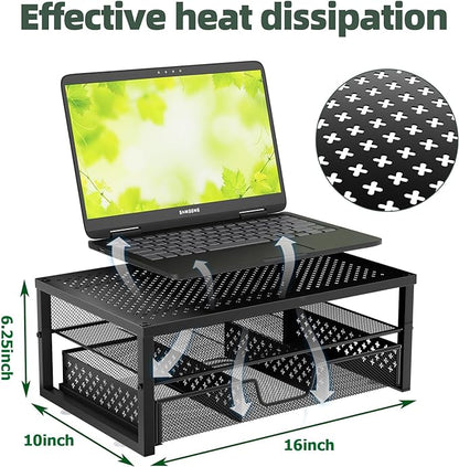 Simple Trending Metal Monitor Stand Riser and Computer Desk Organizer with Drawer for Laptop, Computer, iMac, Black