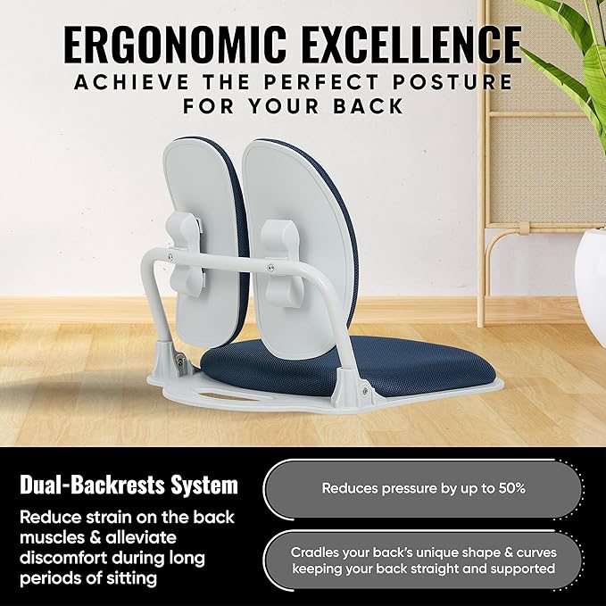 【Made in Korea】 Dual-Backrests Ergonomic Floor Chair with Back Support - Meditation Chair, Floor Gaming Chair, Reading Chair, Floor Chairs for Adults, Foldable Chair (Blue)