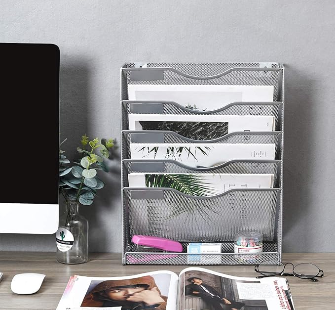 EasyPAG Wall File Organizer Mesh 5 Tier Wall File Holder Desktop Vertical Hanging File Folder Organizer with Bottom Flat Tray Sides Closed,Silver