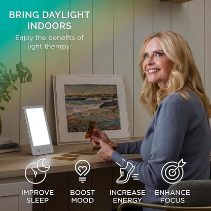 Verilux HappyLight Touch Plus - Light Therapy Lamp with 10,000 Lux, UV-Free, LED Bright White Light with Adjustable Brightness, Color, Countdown Timer, & Detachable Stand - Boost Mood, Sleep, & Focus