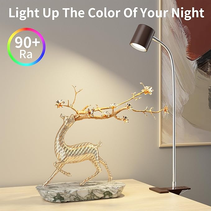 Dott Arts Desk Lamp,USB Clip On Light with 3 Color Modes,LED 10 Levels Brightness Reading Lamp, 360° Gooseneck Book Light,Eye-Care Reading Light for Home Office,Headboards Brown