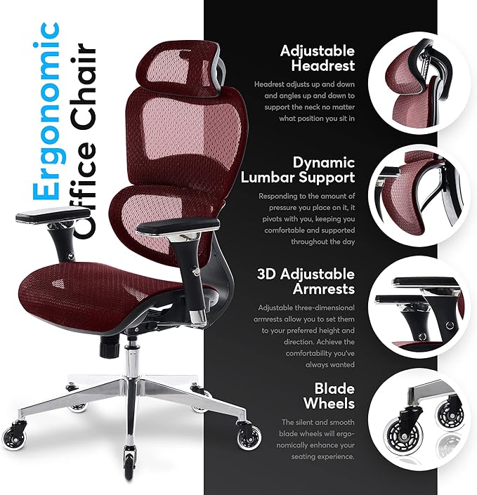 Oline ErgoPro Ergonomic Office Chair - Rolling Desk Chair with 4D Adjustable Armrest, 3D Lumbar Support and Blade Wheels - Mesh Computer Chair, Gaming Chairs, Executive Swivel Chair (Burgundy Red)