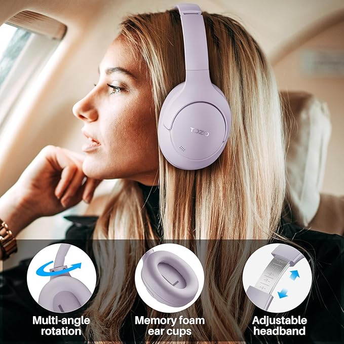 TOZO HT2 Hybrid Active Noise Cancelling Headphones, Wireless Over Ear Bluetooth Headphones, 60H Playtime, Hi-Res Audio Custom EQ via App Deep Bass Comfort Fit Ear Cups, for Home Office Travel Purple