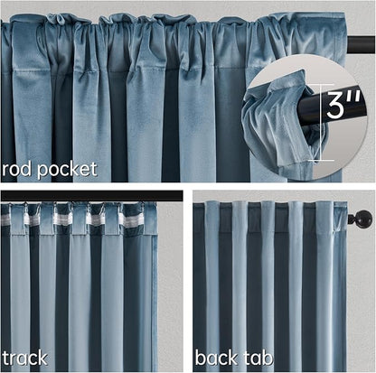 Topfinel Slate Blue 96 Inches Long Velvet Room Darkening Curtains, Dark Blue Dusty Blue Noise Reducing Black Out Elegant Thermal Insulated Light Blocking Privacy Curtains 2 Panels with Hooks for Track