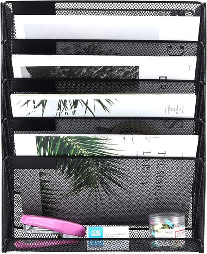 EasyPAG 5 Slot Wall Hanging File Organizer Vertical Office Desk /Wall Mounted File Holder Paper Organizer with Bottom Flat Tray,Black