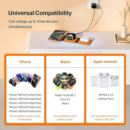 UCOMX 3 in 1 Charging Station for Multple Devices,Foldable 3 in 1 Wireless Charger for Travel,Nano Wireless Charging Station for iPhone16 15 14 13 12 Pro Max/Watch 10 9 8 7 6 5 4 3 Ultra/AirPod Pro