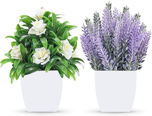 Der Rose 2 Pack Small Fake Plants Faux Plants Indoor with Flowers for Home Bathroom Kitchen Office Desk Decor