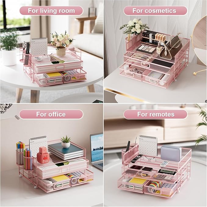 Marbrasse 3 Tier Mesh Desk Organizer with Drawer, Multi-Functional Desk Organizers and Accessories, Paper Letter Organizer with 2 Pen Holder for Home Office Supplies (Pink)