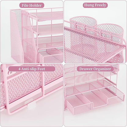 gianotter Paper Organizer with File Holder for Desk, 4 Tier Letter Tray Office Desk Organizers and Accessories - Workspace Organizers with Drawer and 2 Pen Holder for Office Supplies (Pink)