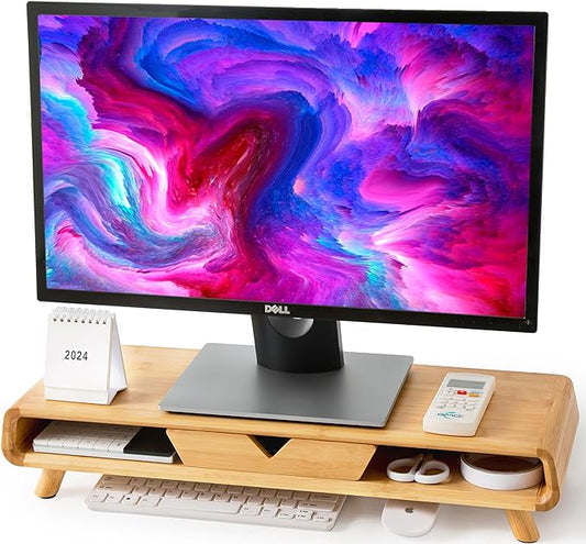 Homerays Bamboo Monitor Stand Riser, No Assembly Required Exquisite Monitor Stand with Drawer Ergonomic Height Wood Monitor Stand