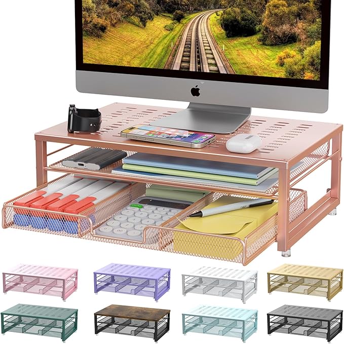 gianotter Computer Monitor Stand Riser, Desk Organizers and Accessories with Drawer, Office Desk Accessories & Workspace Desktop Organizers Storage for Classroom Office Supplies Decor (Rose)