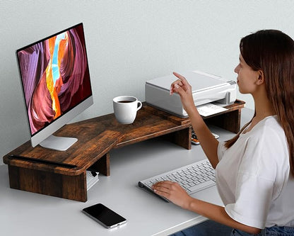 Zimilar Dual Monitor Stand Riser, with Adjustable Length and Angle, Wood for Desk, Riser 2 Monitors Storage Space (Rust Brown Large)