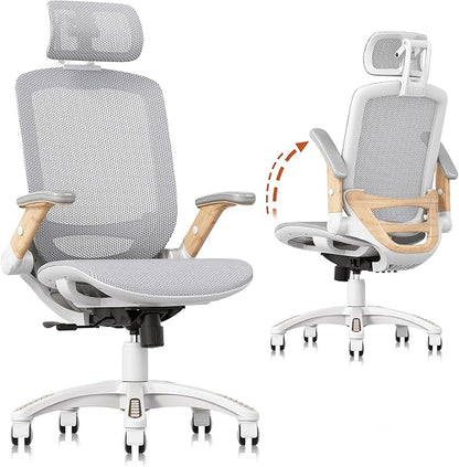 GABRYLLY Ergonomic Office Chair, High Back Home Desk Chair with Flip-Up Arms, Headrest, 90-120° Tilt and Wide Cushion, 400LBS White Mesh Chair for Work Gaming Study (GY01-NT, Woodgrain Pattern)