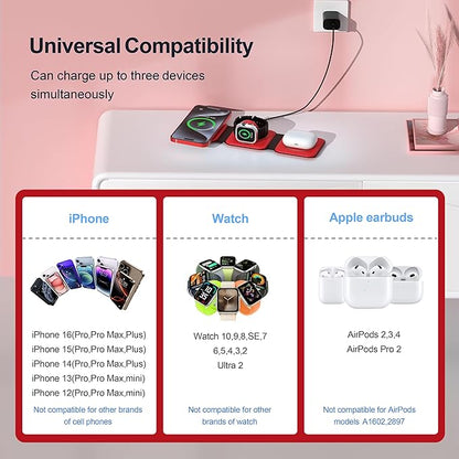 UCOMX 3 in 1 Charging Station for Multple Devices,Foldable 3 in 1 Wireless Charger for Travel,Nano Wireless Charging Station for iPhone16 15 14 13 12 Pro Max/Watch 10 9 8 7 6 5 4 3 Ultra/AirPod Pro