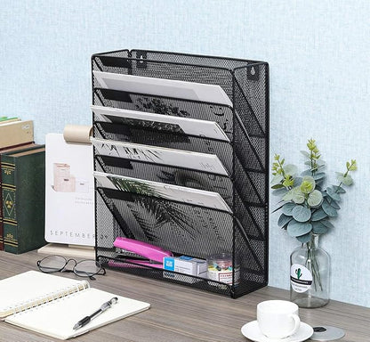 EasyPAG 5 Slot Wall Hanging File Organizer Vertical Office Desk /Wall Mounted File Holder Paper Organizer with Bottom Flat Tray,Black