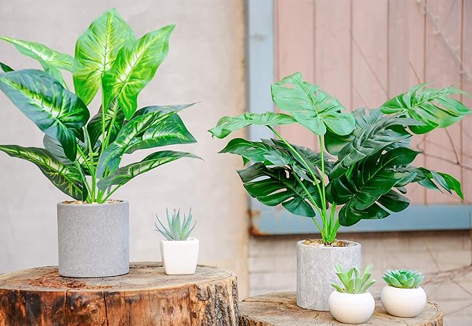 2pcs Fake Plants 16" Faux Plants Artificial Tropical Plants Indoor for Home Office Desk Kitchen Bathroom Table Shelf Sage Green Decor