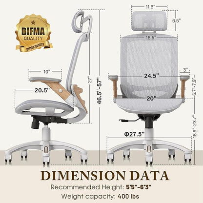 GABRYLLY Ergonomic Office Chair, High Back Home Desk Chair with Flip-Up Arms, Headrest, 90-120° Tilt and Wide Cushion, 400LBS White Mesh Chair for Work Gaming Study (GY01-NT, Woodgrain Pattern)