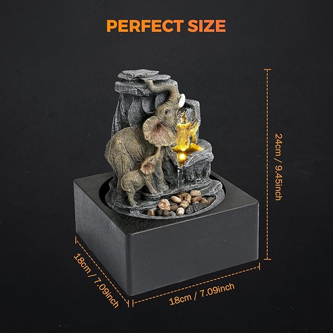 BEAMNOVA Tabletop Fountain,3 Tiered Elephant & Baby Elephant Indoor Fountains,with LED Light Water Feature for Home Office Décor