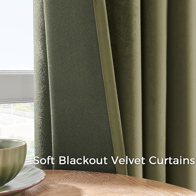 Topfinel 105 Inch Long Curtains for Bedroom Living Room,Blackout Room Darkening Thermal Thick Luxury Velvet Drapes for Sliding Glass Patio Doors,Set 2 Panels,105 in Length,Olive Green