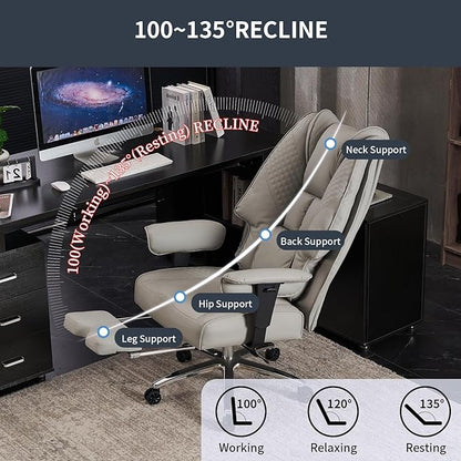 Big and Tall Office Chair 400lbs Wide Seat, Leather High Back Executive Office Chair with Foot Rest, Ergonomic Office Chair Lumbar Support for Lower Back Pain Relief (Light Grey)