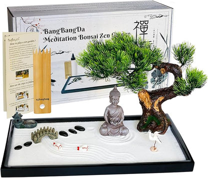 Japanese Zen Garden Kit for Desk - Meditation Rock Sand Garden for Birthday Gift Office Home Desktop Relaxation Decor Bamboo Rakes Bonsai Tree Pagoda Accessories Tools Kits