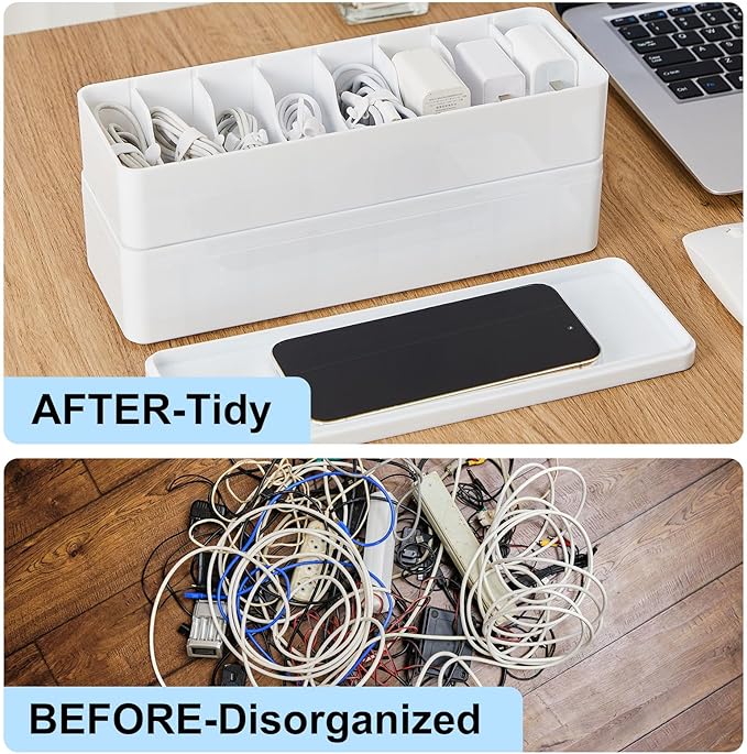 Tatuo 4 Pcs Cable Organizer with 40 Wire Ties, White Plastic Cord Storage Box with Lid, Electronics Charger Organizer for Home Office Desk Organizers and Accessories