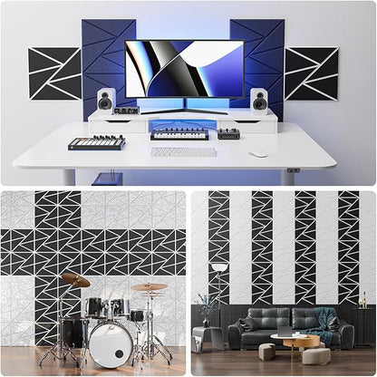 12 pack Acoustic Panels With Self-Adhesive, 12"X 12"X 0.4"Sound Proof Foam Panels, Sound Panels High Density, Soundproof Wall Panels for Home Studio Office- WhiteBase + BlackFace