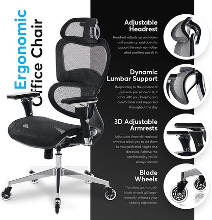 Oline ErgoPro Ergonomic Office Chair, Rolling Desk Chair with 4D Adjustable Armrest, 3D Lumbar Support, Blade Wheels, Mesh Computer Gaming Executive Swivel Chairs Chair (Black)