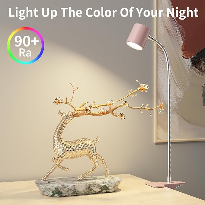 Dott Arts Desk Lamp,USB Clip On Light with 3 Color Modes,LED 10 Levels Brightness Reading Lamp, 360°Gooseneck Book Light,Eye-Care Reading Light for Home Office,Headboards Pink