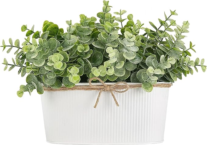 Dahey Artificial Eucalyptus Faux Plants Indoor for Farmhouse Home Decor Fake Potted Plants in Rustic Rectangular Pots Table Centerpiece for Office Bath Living Room Greenery Decor, 7" L x 4" H