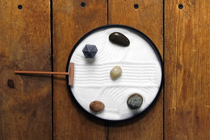 Nature's Mark Mini Zen Garden Kit for Desk with Rake, White Sand, Black Round Base, Miniature Pagoda Figure, River Rocks and Miniature Buddha Figure (6Lx6W Round B)