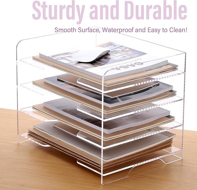 SANRUI Acrylic Paper Organizer Letter Tray for Desk, 4 Tier Enlarged File Sorter,Clear File Holder Desktop Shelf Document Storage for School Office Home