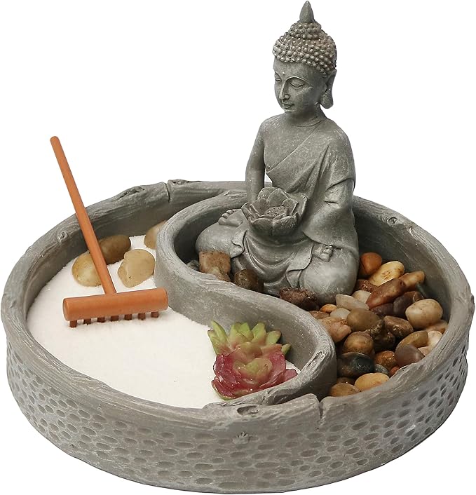 Nature's Mark Mini Zen Garden Kit for Desk with Lotus, Buddha Figures, Rake and Natural Sand River Rocks Table/Desk Décor Gift Set for Home and Office 6 x 6 Inches Round Base